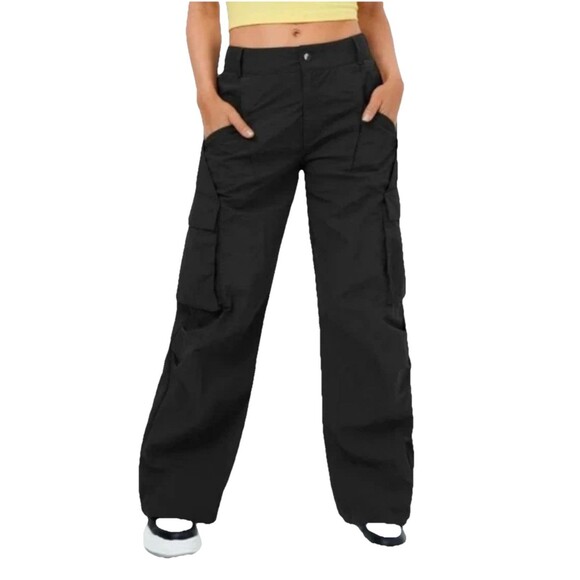 Halara Mid Rise Nylon Wide Leg Casual Black Nylon‎ Cargo Pants Sz S - NWT - Picture 1 of 14